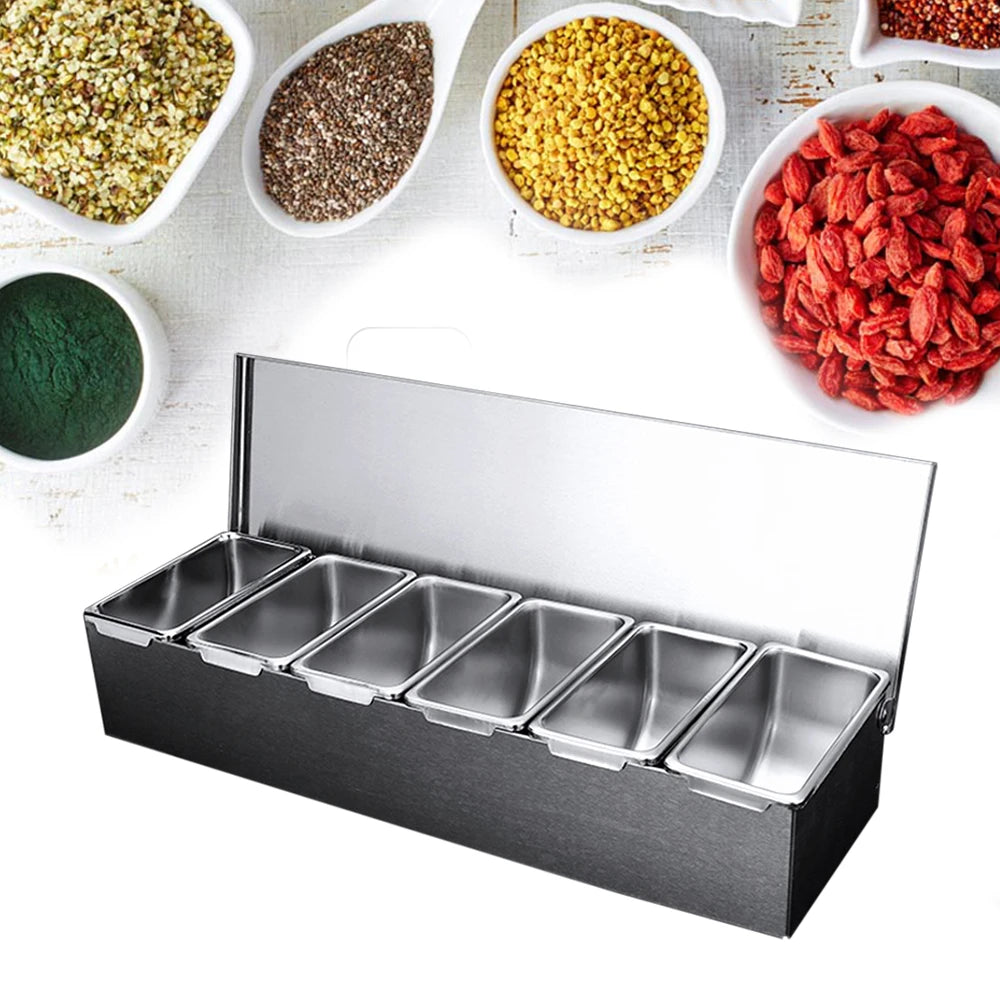 Stainless Steel 6-Compartment Seasoning Box with Lid