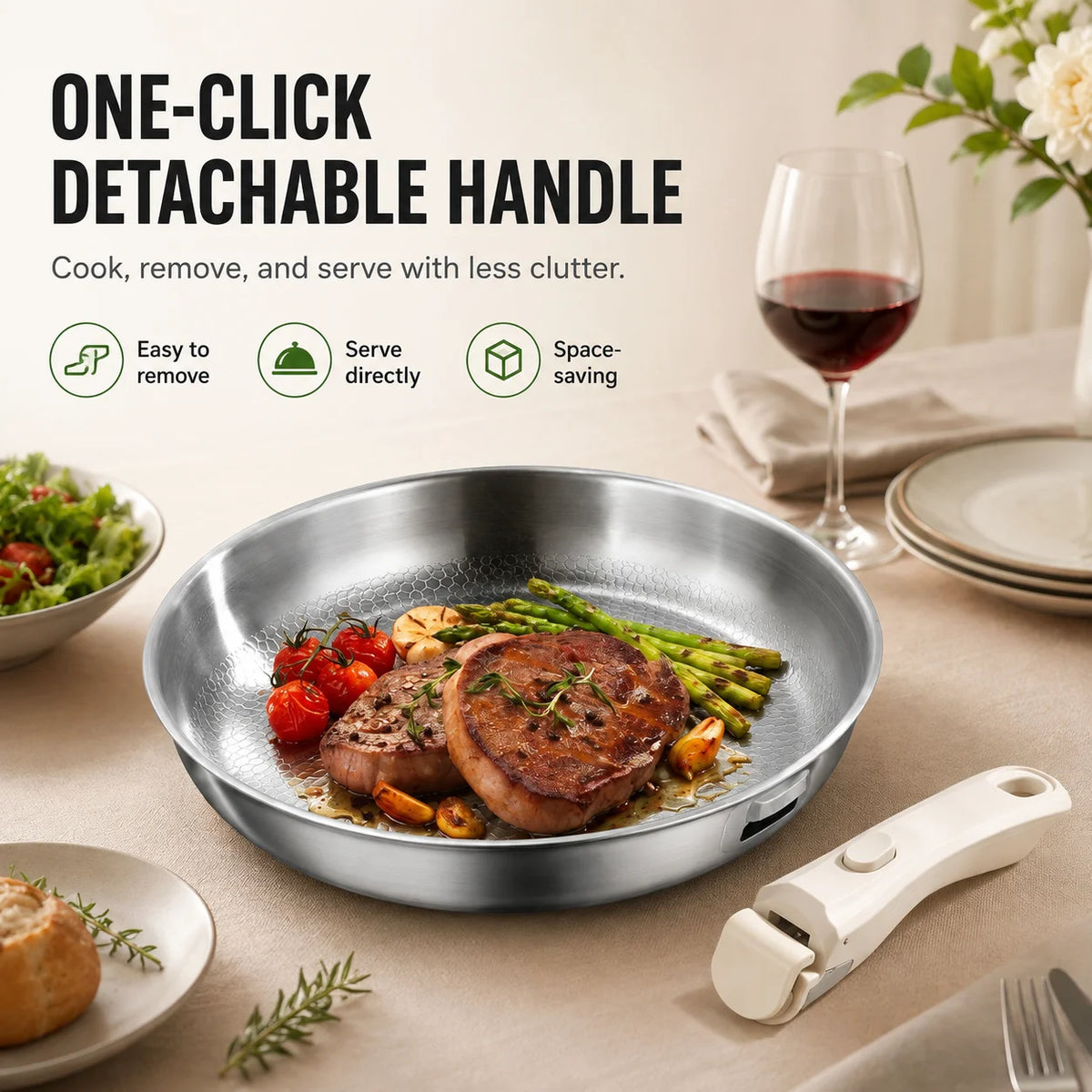 Hammered Stainless Steel Frying Pan with Detachable Handle – 3-Ply Uncoated Space-Saving Skillet – Best for Searing, Sautéing & Oven to Table – Available in 26cm, 28cm & 30cm