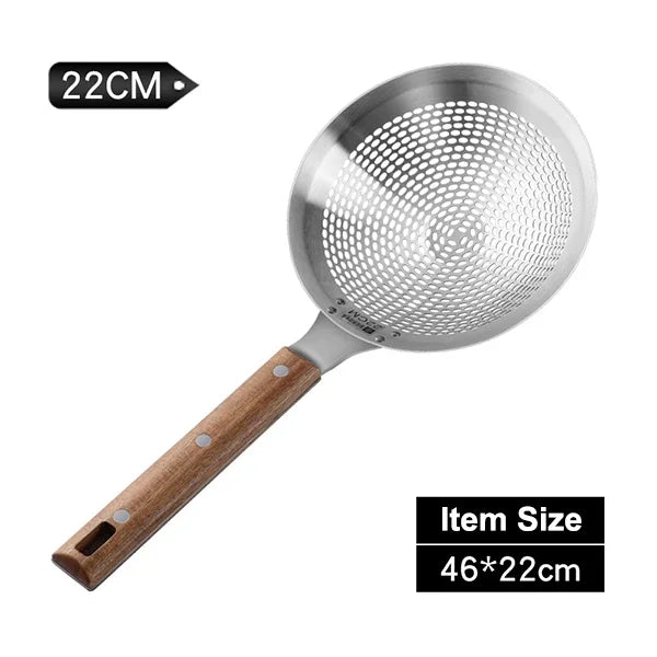 Extra Large 304 Stainless Steel Kitchen Mesh Strainer Skimmer with Sturdy Wooden Handle, Heavy-Duty Frying Strainer for Deep Frying, Boiling, Noodles, Pasta, Dumplings & Vegetables, Available in 22cm, 24cm, 26cm & 28cm Sizes 22cm