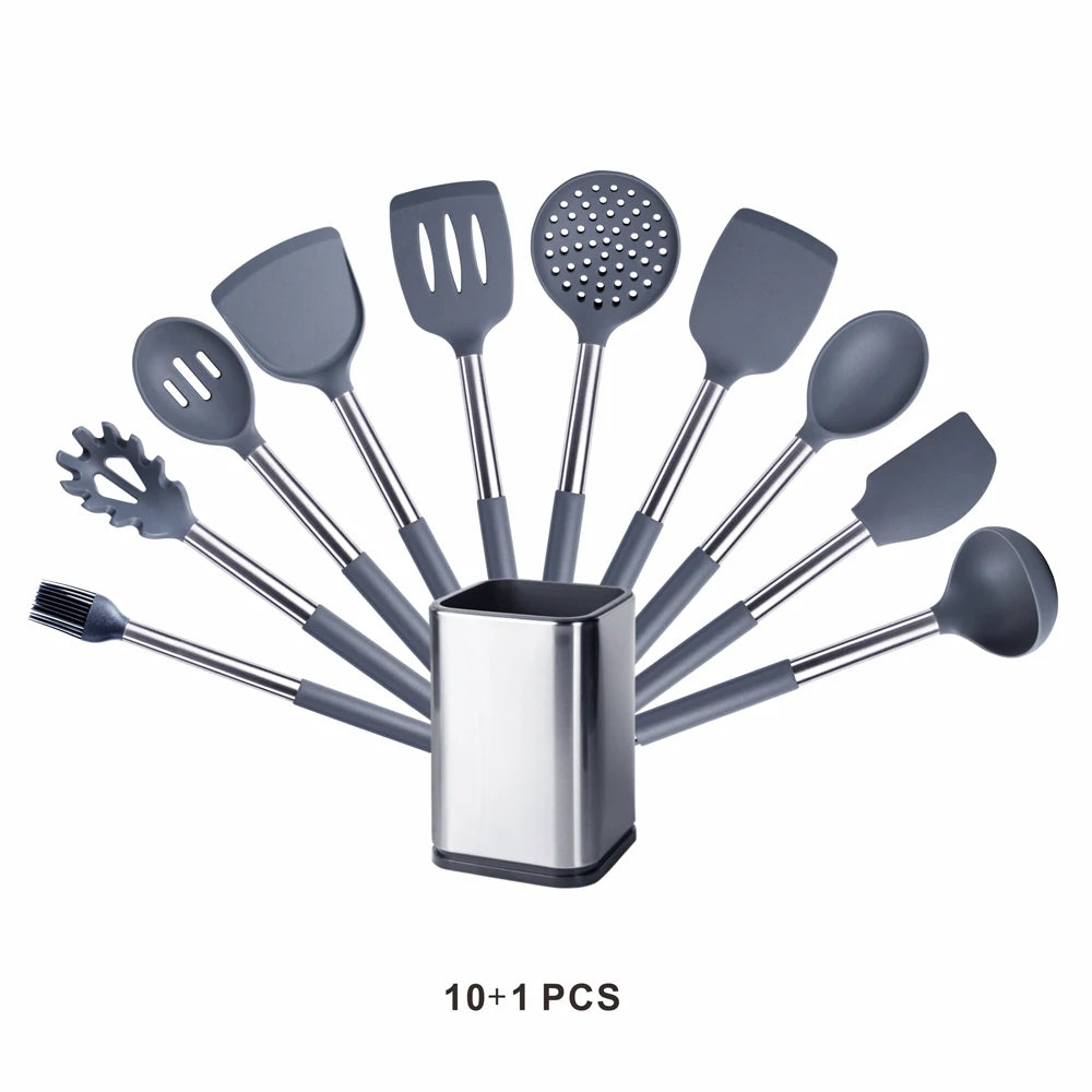 Silicone Kitchen Utensils Set with Stainless Steel Handles – Non-Stick Safe, Heat Resistant | Grey & Black | Available in 5 to 15-Piece Sets