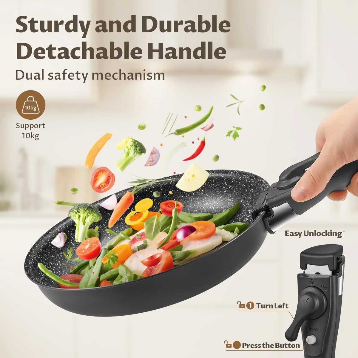 4 Piece Black Non-Stick Frying Pan Set with Detachable Handle – 3 Stackable Pans for All Hobs – Great for Breakfasts, Family Meals & Oven-to-Table