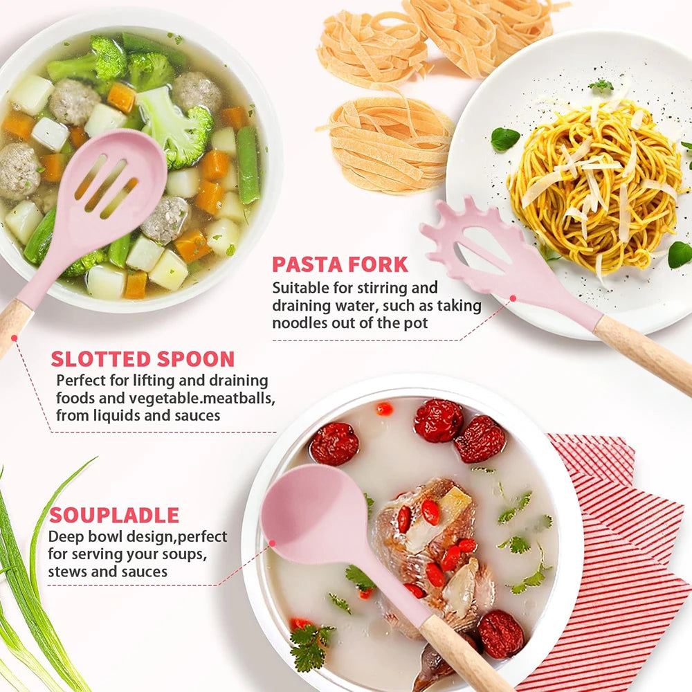 Pink Silicone Kitchen Utensil Set with Wooden Handles – 12 Piece Non-Stick Spatulas, Turner & Whisk – Ideal for Non-Stick Cookware & Baking