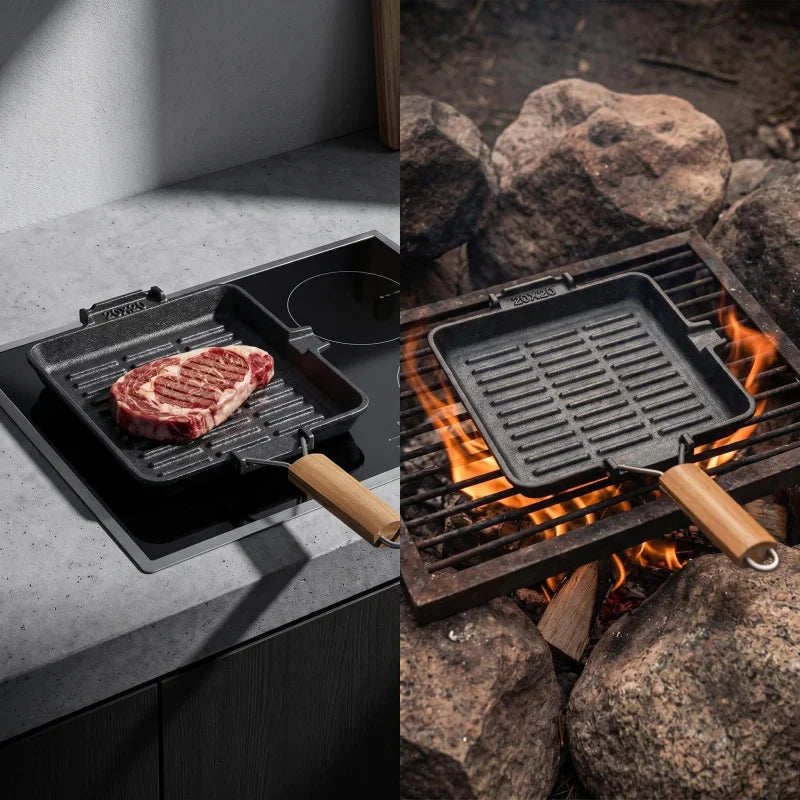 Cast Iron Grill Pan with Foldable Wooden Handle – Square, Rectangular & Round Ridged Skillets for Induction – Perfect for Steaks & Vegetables – Available in 20 x 20cm, 21 x 35cm & 24cm Round