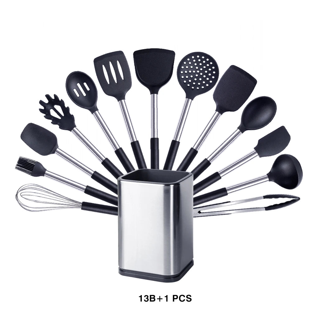 Silicone Kitchen Utensils Set with Stainless Steel Handles – Non-Stick Safe, Heat Resistant | Grey & Black | Available in 5 to 15-Piece Sets