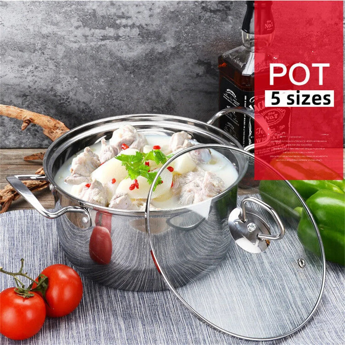 5 Piece Stainless Steel Cooking Pot Set with Sealed Glass Lids – Induction Pots 16cm to 24cm with Measuring Scale – Ideal for Everyday & Family Cooking