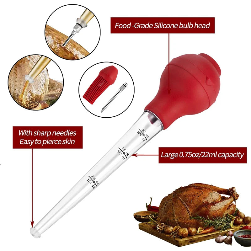 Stainless Steel Turkey Baster with Basting Brush & Injector Needle – Meat Baster Syringe – Great for Roasting Turkey, Chicken & BBQ – Available in Black & Red Colours