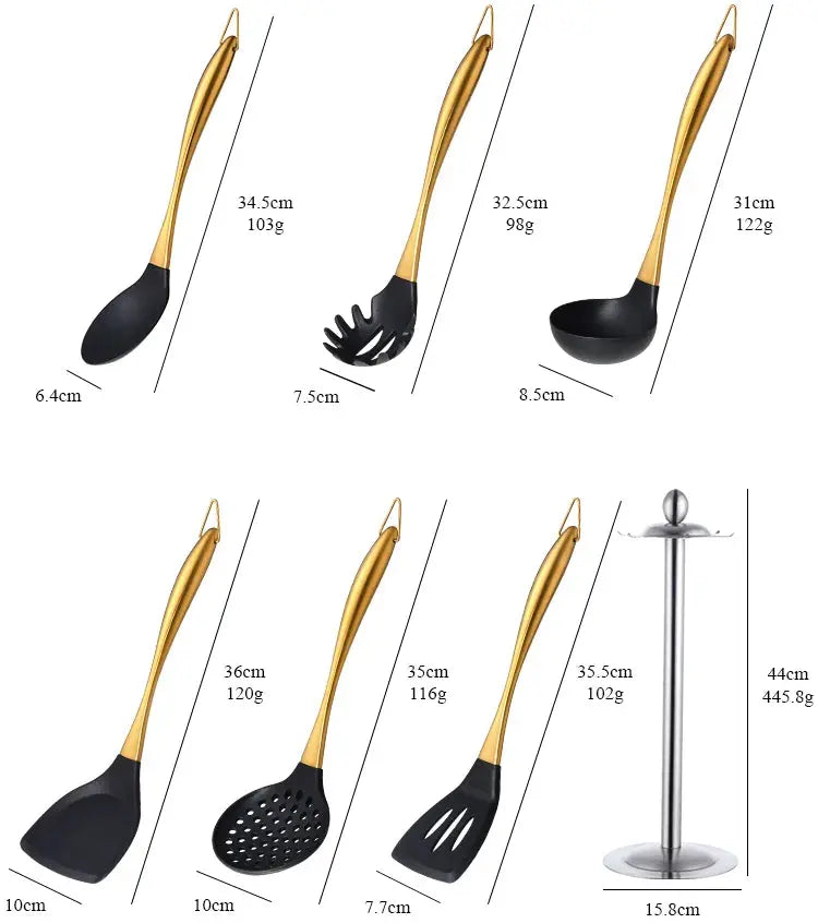 7-Piece Silicone Utensil Set with Golden Stainless Steel Handles - Cooking Utensil Set