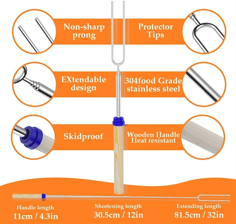 8 Piece Extendable Stainless Steel Roasting Sticks – Telescopic Marshmallow & BBQ Skewers – Great for Campfires, Fire Pits & S'mores