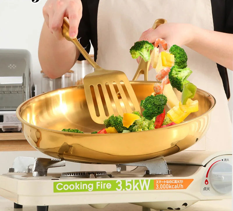 Golden Stainless Steel Frying Pan with Long Handle – Skillet Made from Premium 304 Food-Grade Stainless Steel – Great for Pan-Frying, Searing Steak, Stir-Frying & Daily Meals – Compatible with Induction, Gas &amp; Electric Cooktops (28cm)