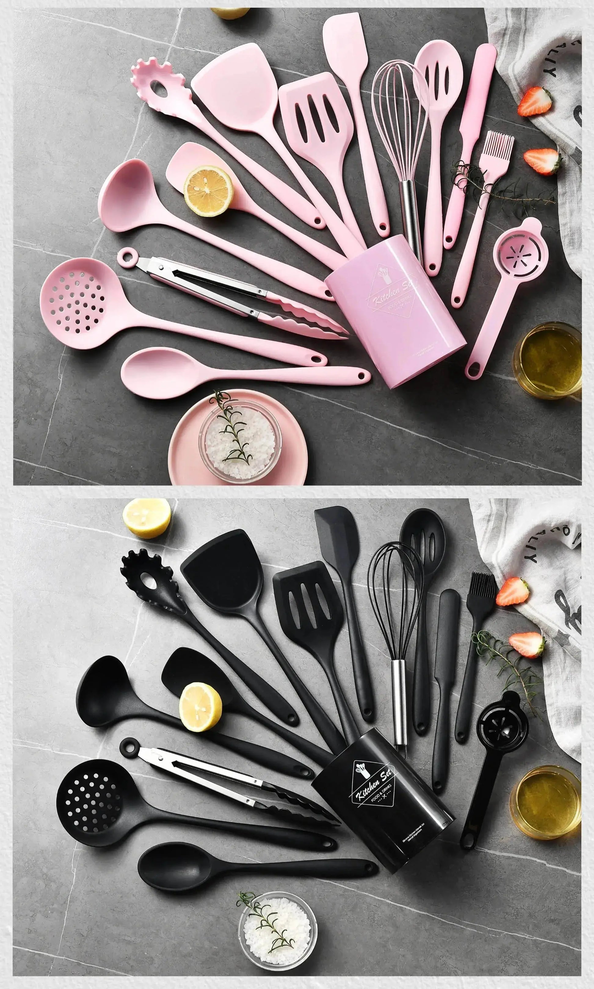 15-Piece Silicone Cooking Utensils Set – Non-Stick, Heat-Resistant Spatulas, Spoons, Turners, Whisk & Brush – Ideal for Daily Cooking – Available in Black, Pink & Khaki C for Chef