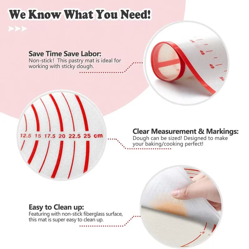 Thick Silicone Baking Mat with Measurements & Raised Edges – Reusable Non-Stick Pastry & Dough Rolling Mat – Great for Kneading, Rolling & Baking – Available in Red & Black Colours