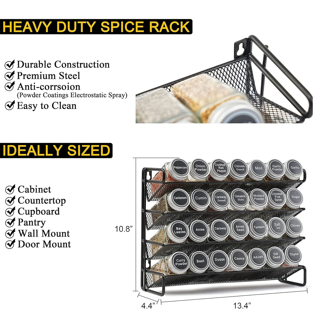 4 Tier Metal Spice Rack Organiser Set – Countertop & Cabinet Seasoning Organiser – Best for Spice Jars & Seasonings – Available as Rack Only or with Spice Jars