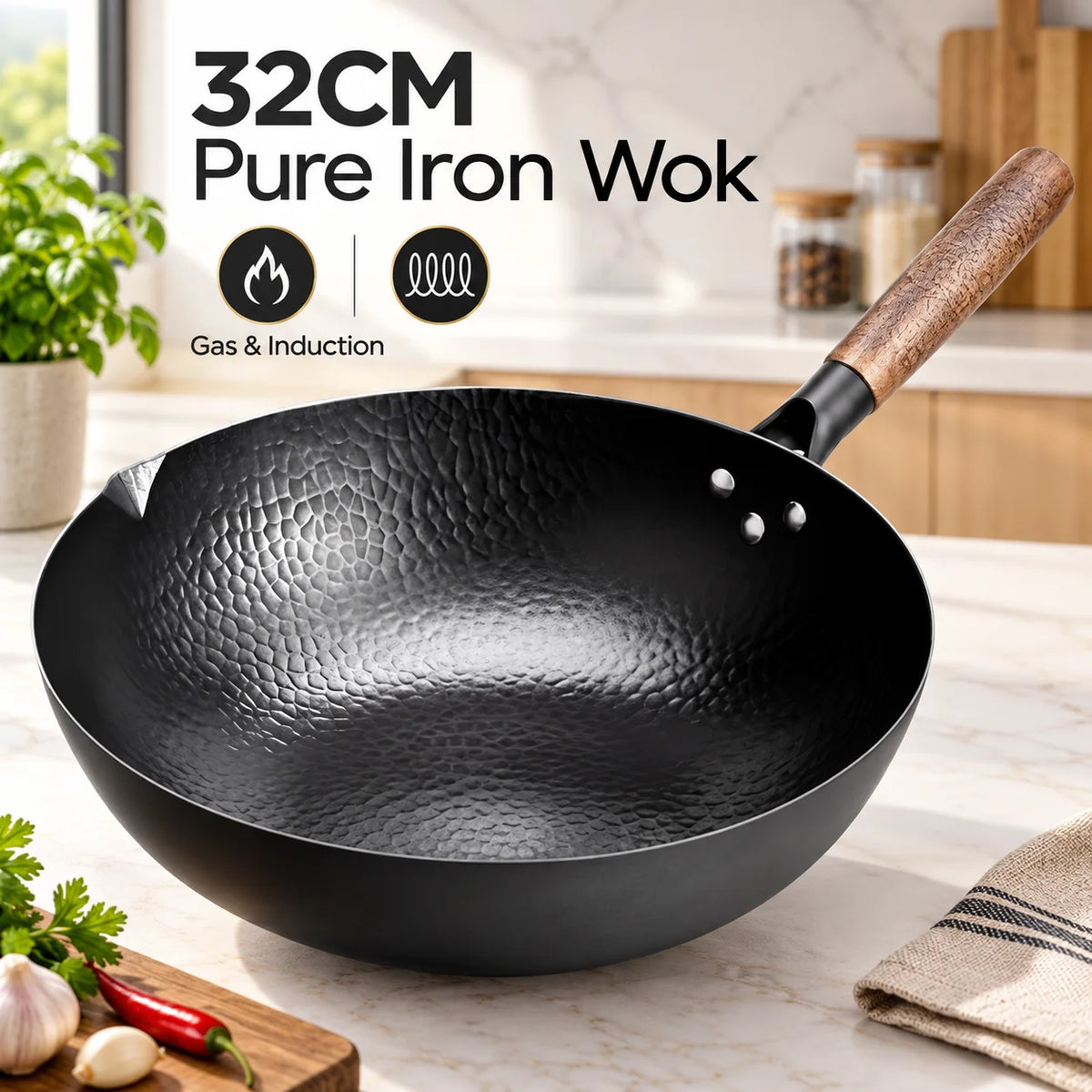 Iron Wok with Wooden Lid – Uncoated Carbon Steel Stir-Fry Wok, Restaurant Style – Ideal for Gas, Electric & Induction Hobs (32cm)