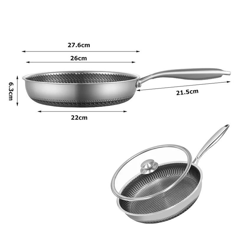 Honeycomb Stainless Steel Frying Pan – Tri-Ply Non-Stick Skillet for Searing, Stir-Frying & Daily Cooking – Works on All Stovetops – Available in 26cm (with/without lid), 28cm (with/without lid), and 30cm (without lid)