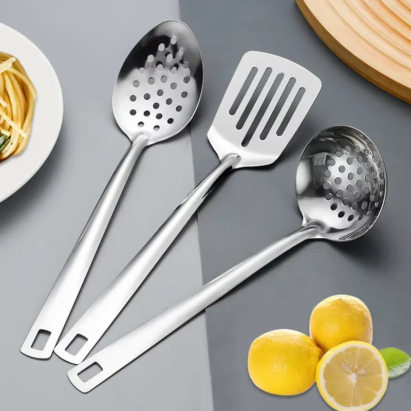 6-Piece Stainless Steel Kitchen Utensil Set – Heat-Resistant with Ergonomic Handles & Hanging Holes, Includes Slotted Spoon, Ladle, Turner, Cooking Spoon & Rice Spoon
