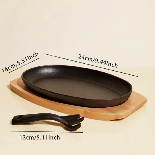 3-in-1 Cast Iron Sizzler Grill Platter Set – 24cm Oval Grill Pan with Wooden Base & Detachable Handle for Steaks BBQ Grilled Fish & Hot Sizzler Serving – Compatible with Gas Oven & Barbecue
