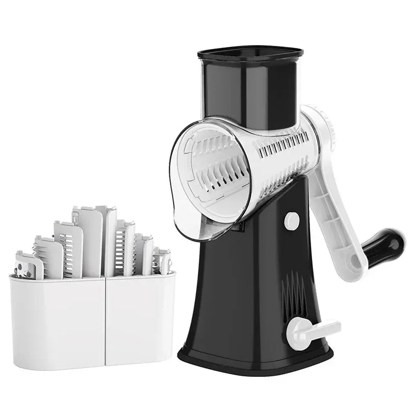 5-in-1 Rotary Cheese and Vegetable Grater with Handle and Suction Base – Multifunctional Interchangeable Rotating Drum Blades for Slicing, Shredding, and Grinding.(Available in Green, White, and Black Colours) black