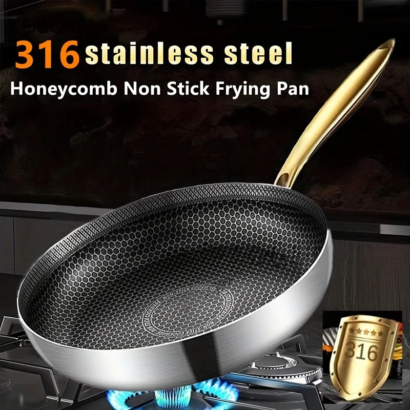 Honeycomb Stainless Steel Non-Stick Frying Pan with Golden Handle | 316 Stainless Steel | Induction & Gas Compatible | Ideal for Steak, Eggs, Pancakes, Fish & Stir-Fries | Available in 22cm, 24cm, 26cm, 28cm & 30cm