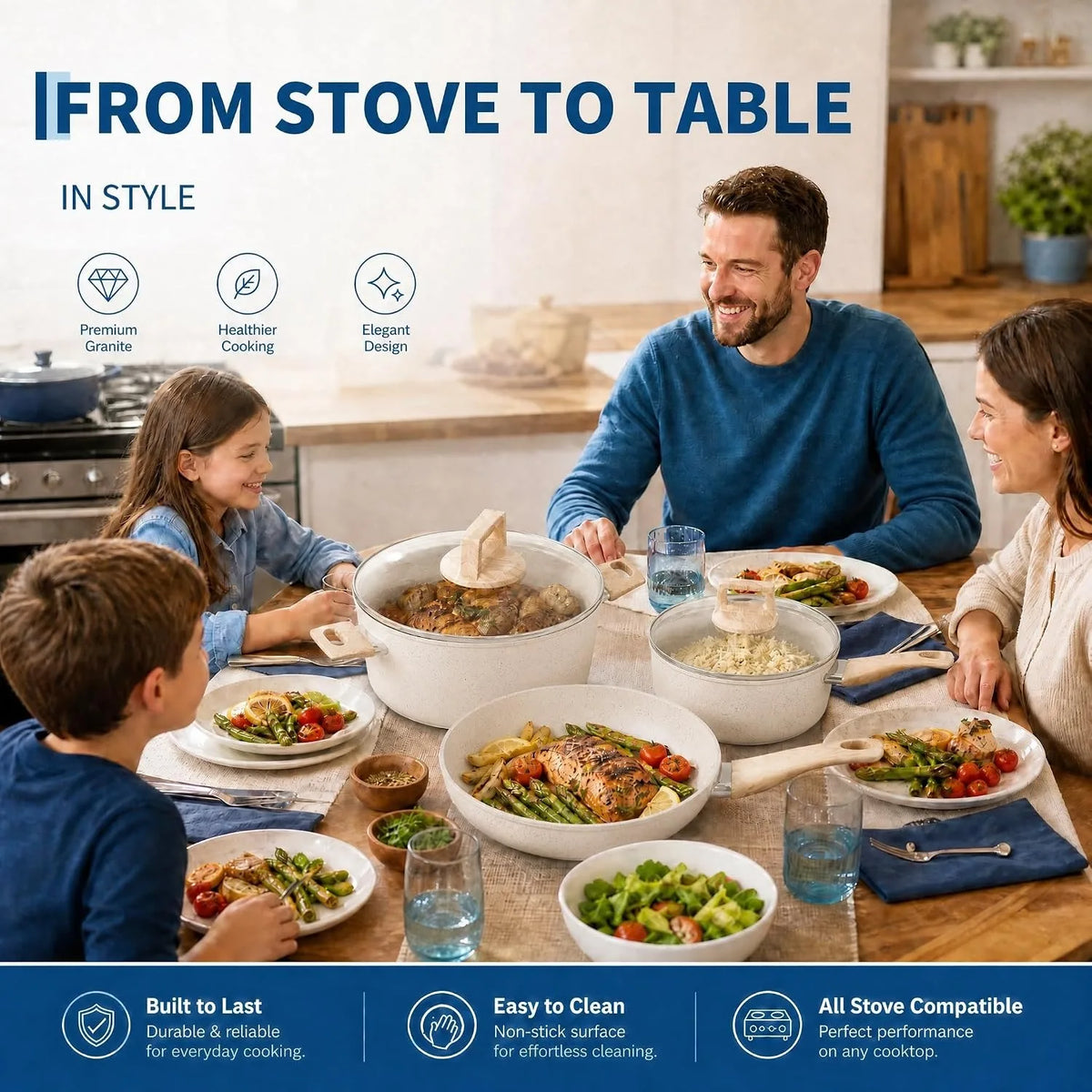 14 Piece Granite Ceramic Pots & Pans Set – PFAS-Free Non-Stick Cookware with Wood-Look Handles, Glass Lids & Pan Protectors – Best for New Homes & Couples – Available in Black & White