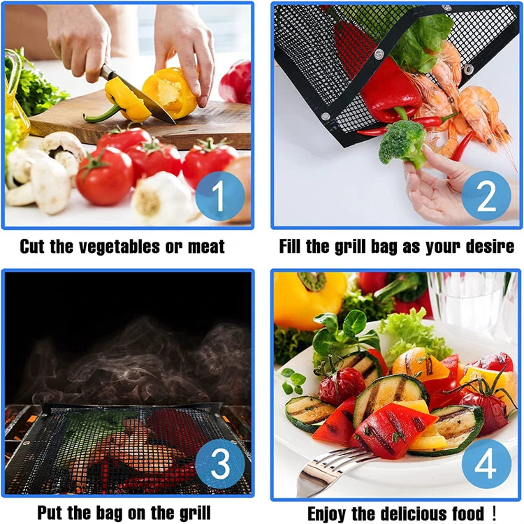 Reusable PTFE Mesh Grill Bags – Non-Stick BBQ Bags for Charcoal, Gas Grills & Smokers – Best for Grilling Vegetables, Fish & Small Foods – Available in 3 Sizes