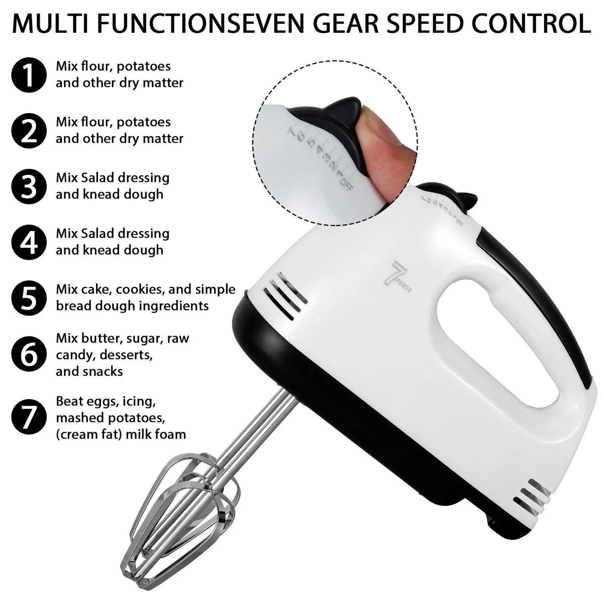7 Speed Electric Hand Mixer – 260W Handheld Whisk with Dough Hooks & Beaters – Perfect for Cakes, Cream & Egg Whites
