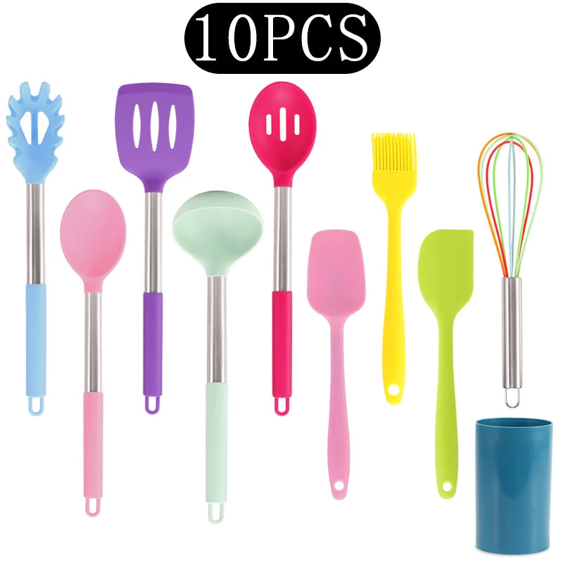 Silicone Kitchen Utensils Set with Stainless Steel Handles – Non-Stick, Heat-Resistant Cooking  Kitchen Utensils for Everyday Cooking & Baking, Available in 4 Colours & Multiple Set Sizes