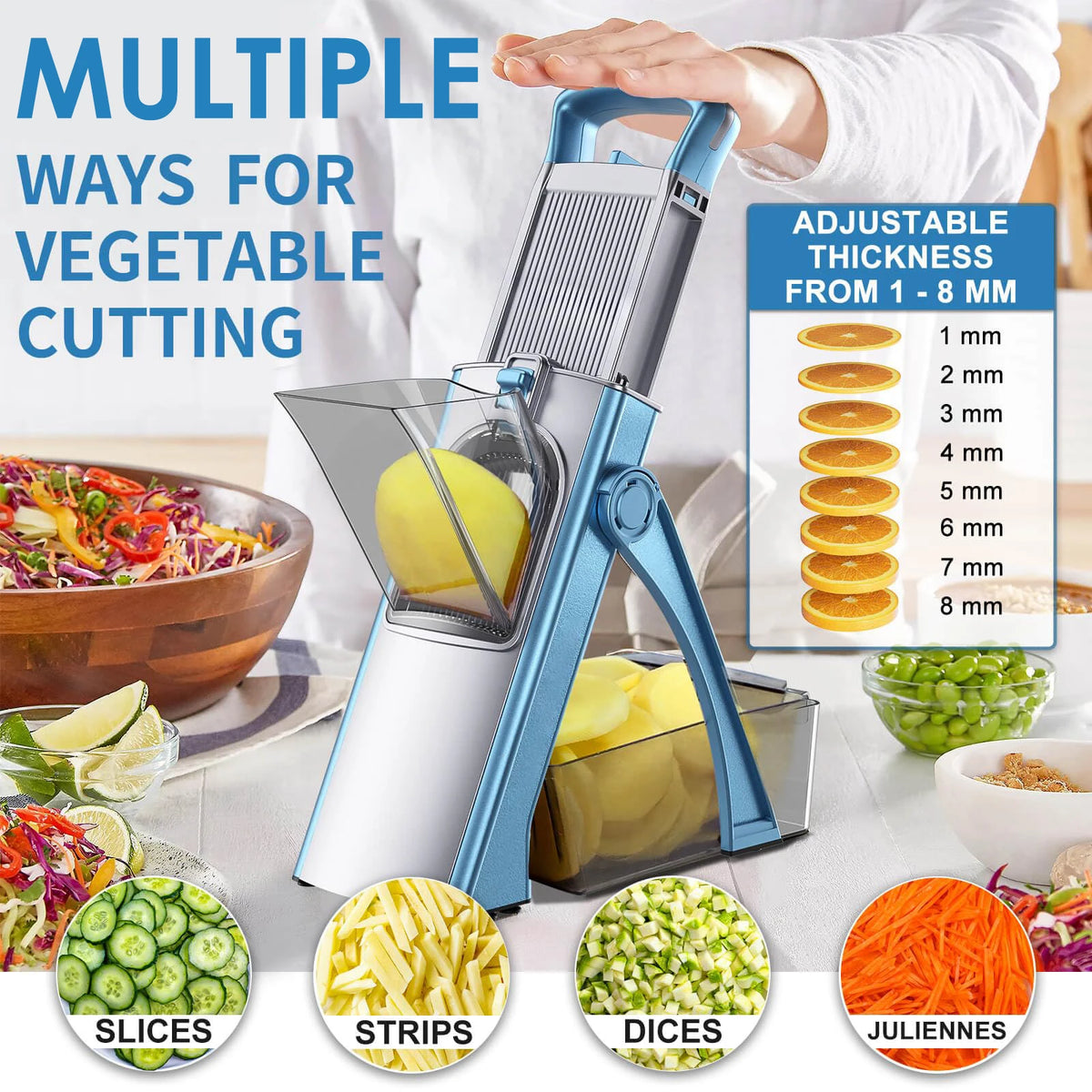 Hand-Safe Vegetable Slicer – Adjustable 0.1–8mm Mandoline, Dicer & Julienne Cutter with Auto-Return Handle – Great for Safe, Speedy Meal Prep