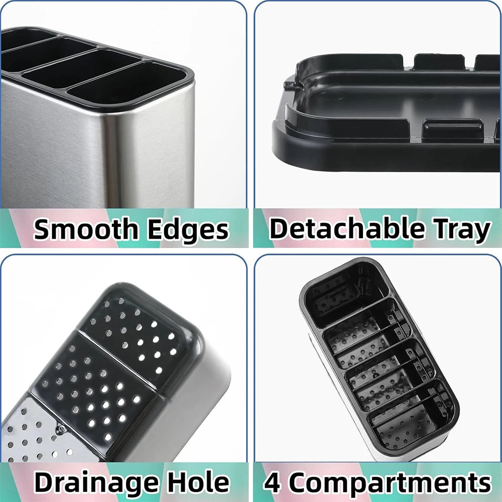Stainless Steel Cutlery Caddy with 4 Compartments – Utensil Drying Rack & Flatware Holder – Great for Kitchen Worktops & Dining Tables