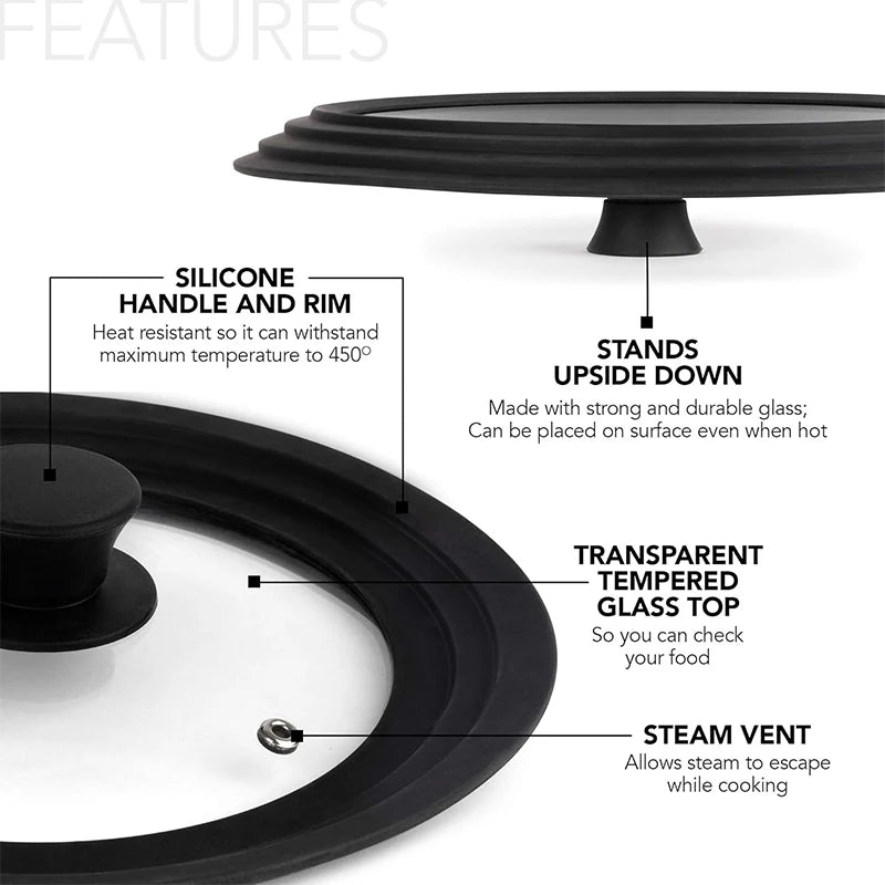Universal Tempered Glass Pot & Pan Lid with Heat Resistant Silicone Rim – Fits Multiple Sizes of Pots, Pans & Skillets – Ideal for Simmering, Steaming & Keeping Food Warm – Available in 6 Size Ranges from 16cm to 30cm