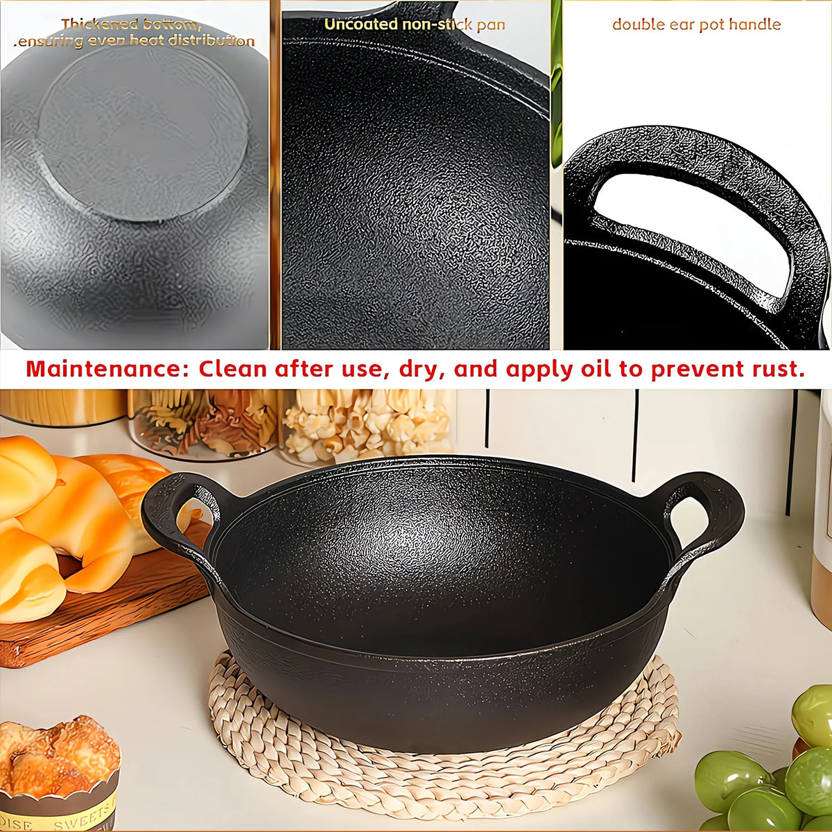 Cast Iron Wok with Double Handles – Traditional Handmade Uncoated Pre-Seasoned Stir-Fry Pot – Best for Stir-Fries, Stews & Campfire Cooking (27cm)