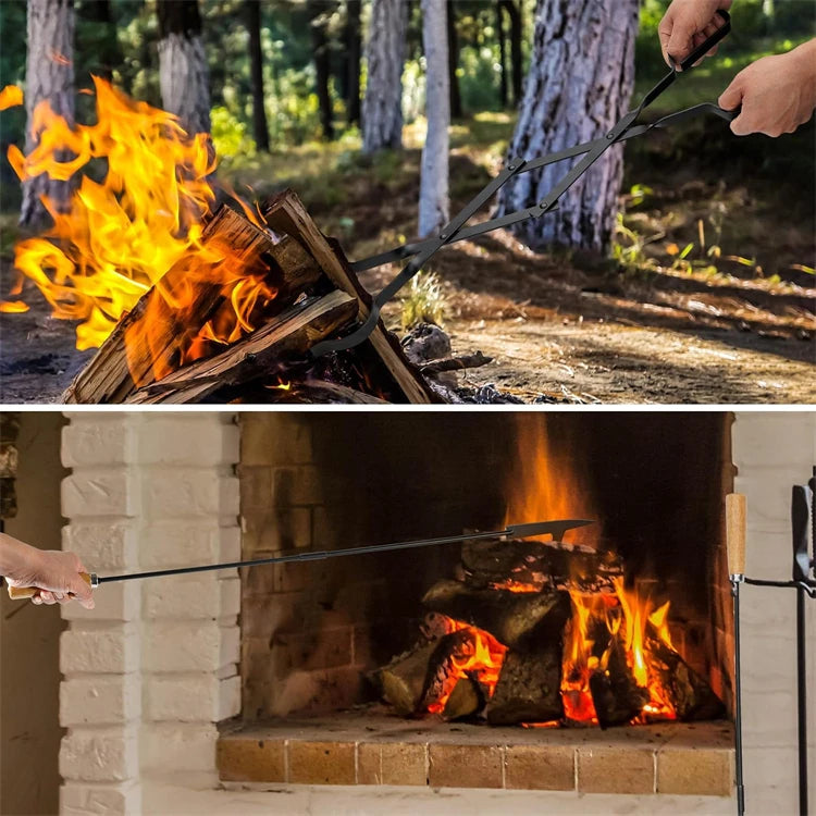 Firewood Tongs & Fire Poker Set with Wooden Handles – Rustproof Campfire & Fire Pit Set – Perfect for Fireplaces, Fire Pits & Campfires – Available as Tongs, Poker, Forks or Full Set