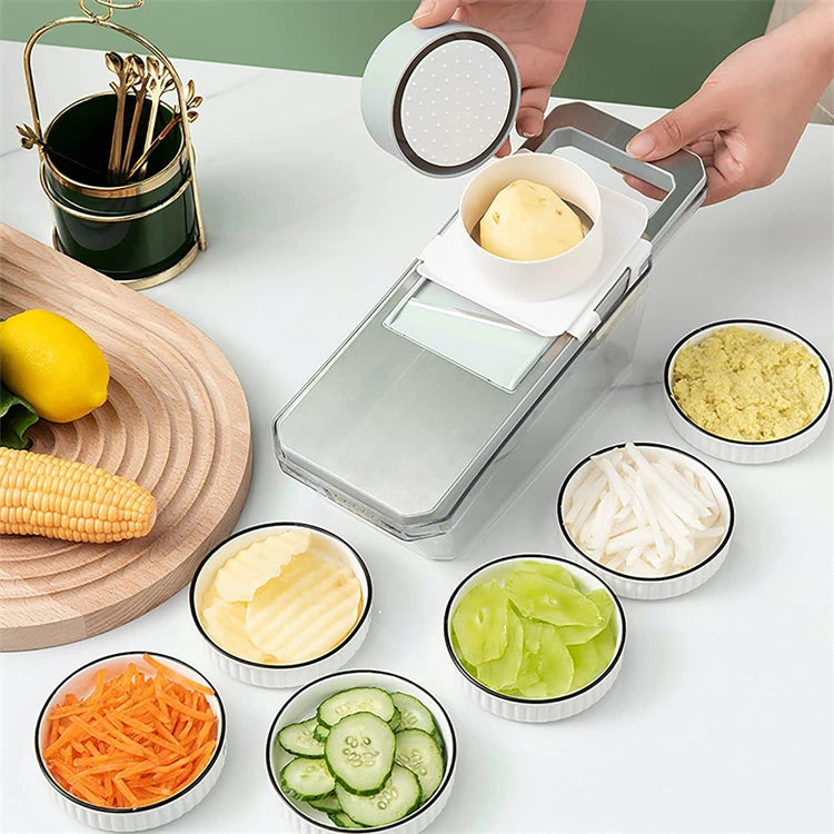 6 in 1 Mandoline Vegetable Slicer with 6 Interchangeable Stainless Steel Blades – Julienne Shredder & Veggie Slicer – Perfect for Salads & Meal Prep – Available in Light Green & Light Grey Colours