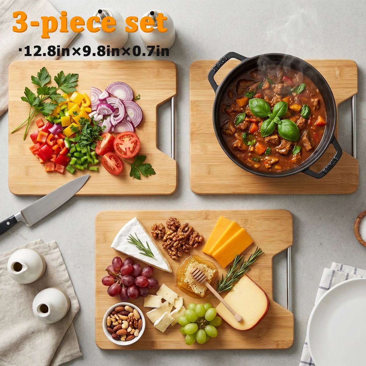 Pre-Oiled Bamboo Chopping Board – Thick Double-Sided Carving Board for Meat, Fish & Vegetables – Great for Everyday Prep – Available in 1, 2 & 3 Packs (34 x 24cm)