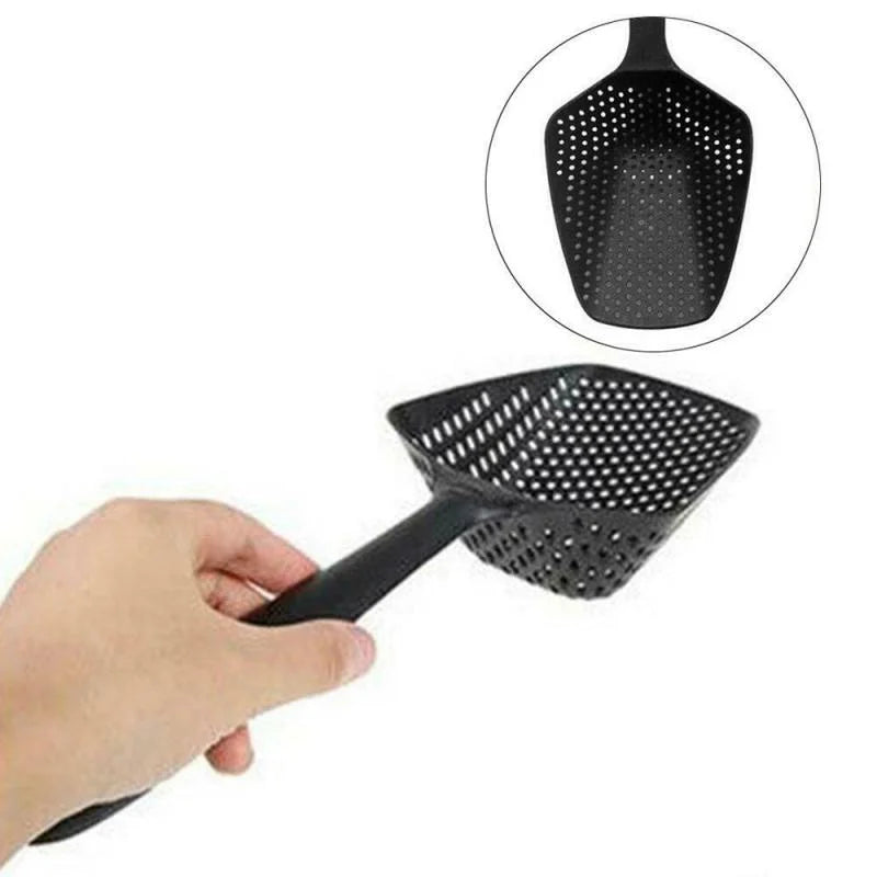 Multi-Purpose Anti-Slip Kitchen Scoop Strainer/Colander – Large Perforated Food Scoop for Draining, Scooping, Filtering Soup, Pasta & Vegetables, with Hanging Hole for Easy Storage, Available in Black, Yellow & Red