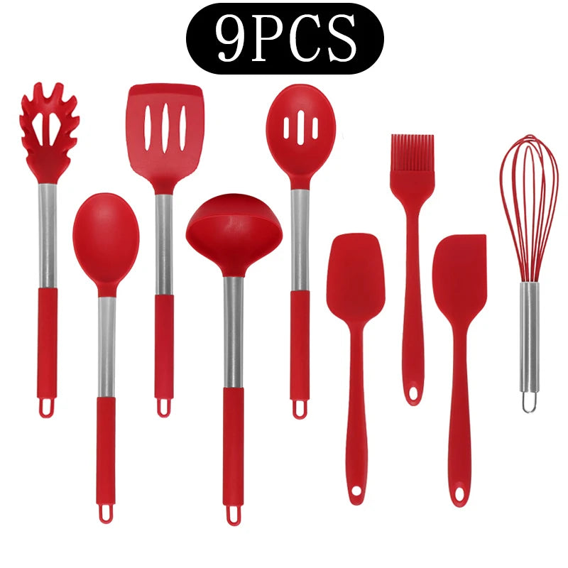 Silicone Kitchen Utensils Set with Stainless Steel Handles – Non-Stick, Heat-Resistant Cooking  Kitchen Utensils for Everyday Cooking & Baking, Available in 4 Colours & Multiple Set Sizes