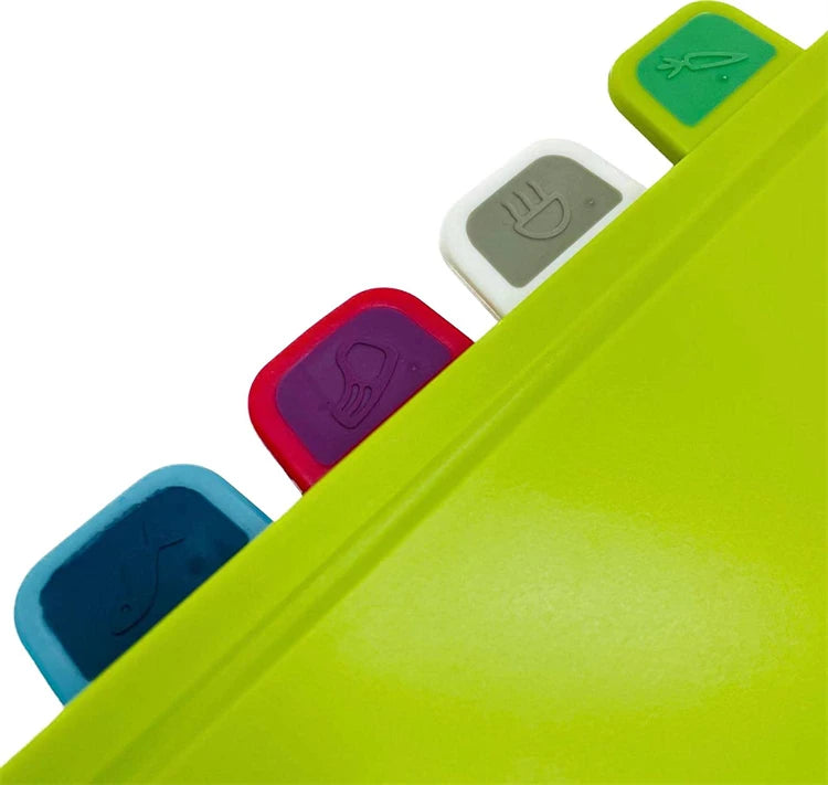 4 Piece Colour-Coded Plastic Chopping Board Set with Storage Stand – Thick Slip-Resistant Cutting Boards – Great for Meat, Fish, Vegetables & Fruit
