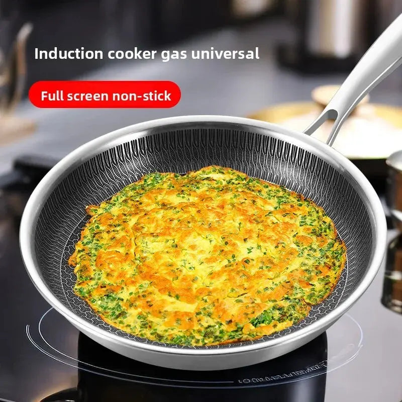 Honeycomb Stainless Steel Frying Pan – Uncoated 304 Stainless Steel, Three-Layer Thick-Bottomed Design for Even Heat Distribution – Non-Stick Surface Ideal for Searing, Sautéing, Stir-Frying, Frying Eggs, Omelettes, Steaks & Daily Cooking