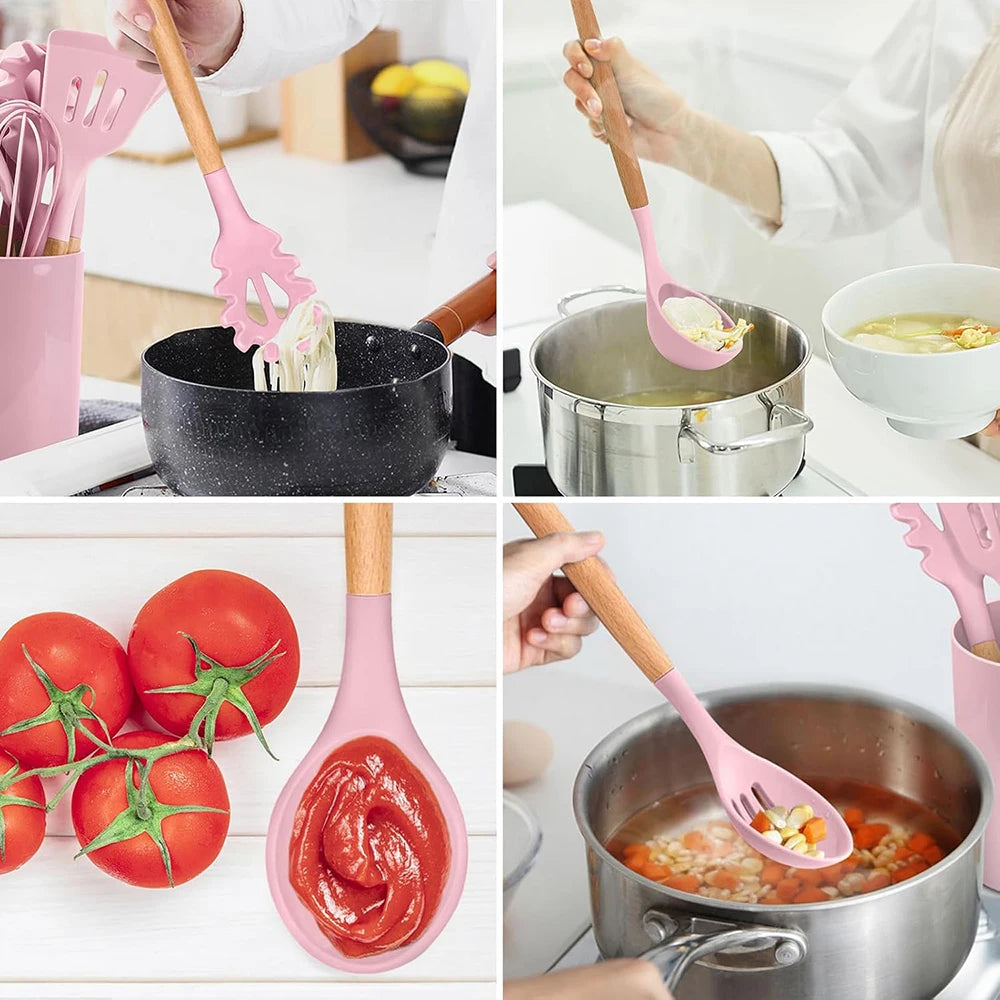 Pink Silicone Kitchen Utensil Set with Wooden Handles – 12 Piece Non-Stick Spatulas, Turner & Whisk – Ideal for Non-Stick Cookware & Baking