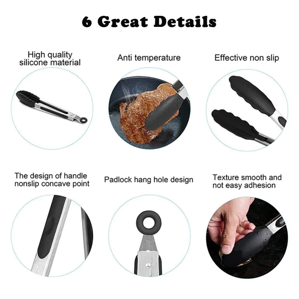 Locking Silicone Kitchen Tongs with Stainless Steel Handles – Non-Stick BBQ & Cooking Tongs – Best for Grilling, Frying & Serving – Available in Black & Red, 9 or 12 Inch