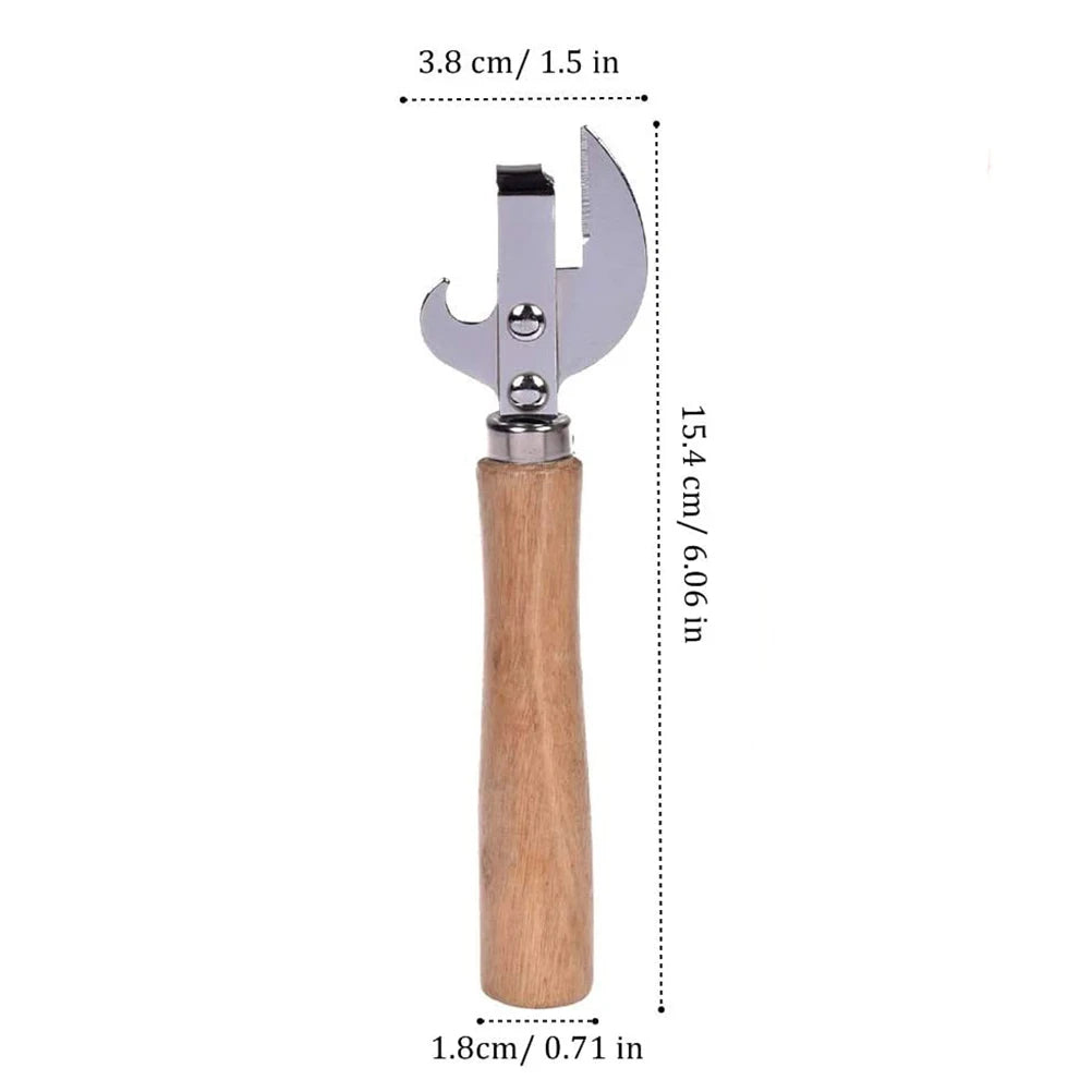 Stainless Steel Can & Bottle Opener with Wooden Handle – Multi-Function Manual Lid Remover – Ideal for Tins, Jars & Bottles