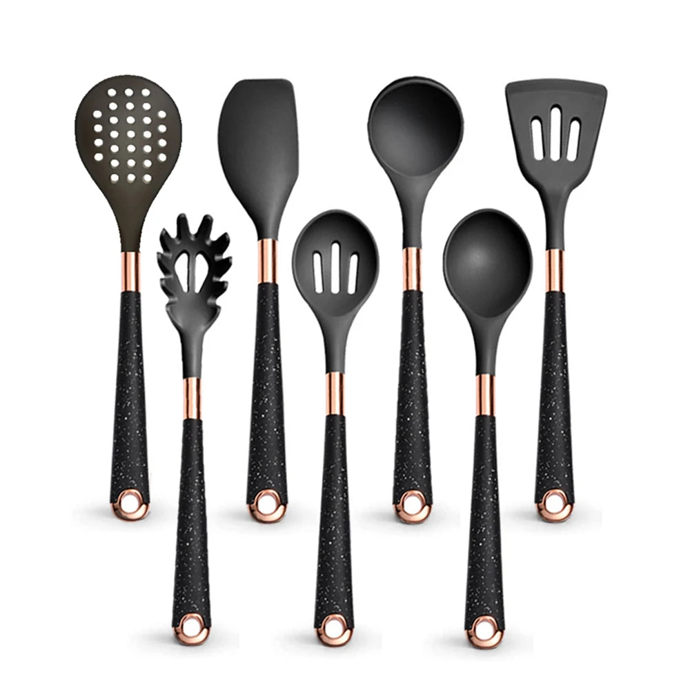 Silicone Cooking Utensils Set with Gold-Plated Handles – Non-Stick Safe, Heat Resistant | Black & Beige | Available in 5, 7, 10 & 12-Piece Sets