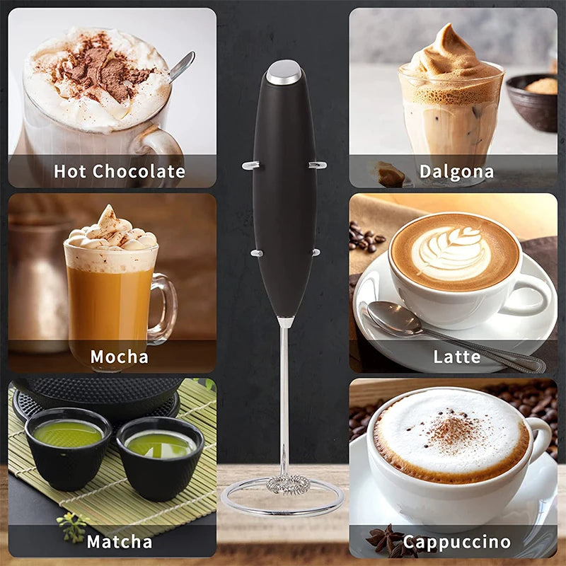 Handheld Electric Milk Frother – Stainless Steel Whisk Foam Maker & Drink Mixer – Great for Cappuccino, Latte, Hot Chocolate & Frappé – Available in White, Red, Black, Light Green & Silver Colours
