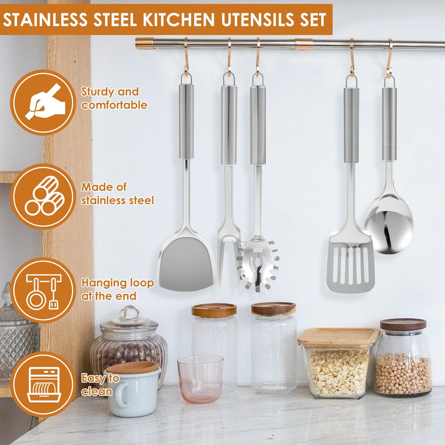 10-Piece Stainless Steel Cooking Utensils Set – Durable and Practical Cooking Utensil Set Featuring a Hanging Loop Design for Easy Storage and Organisation.