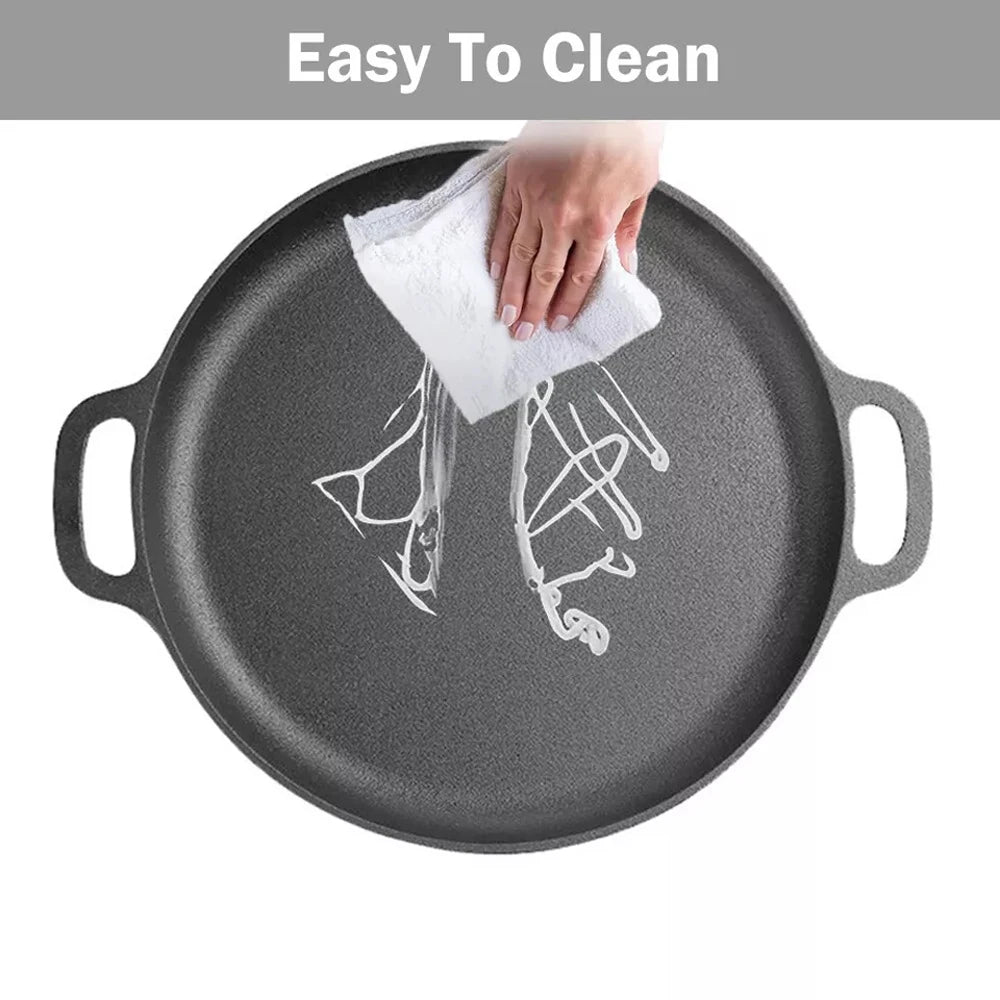 Cast Iron Double Handle Frying Pan with Gloves – Non-Stick Grill Skillet, Pancake & Pizza Pan – Perfect for Home & Outdoor Camping (28cm)