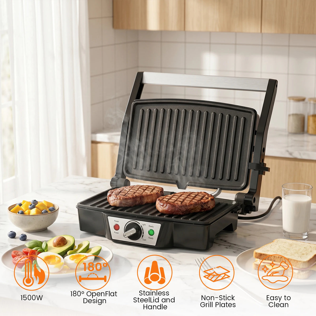Panini Press & Electric Sandwich Maker – 1500W Grill with 180° Flat Open Non-Stick Plates & Adjustable Temperature – Best for Toasties, Paninis & Burgers