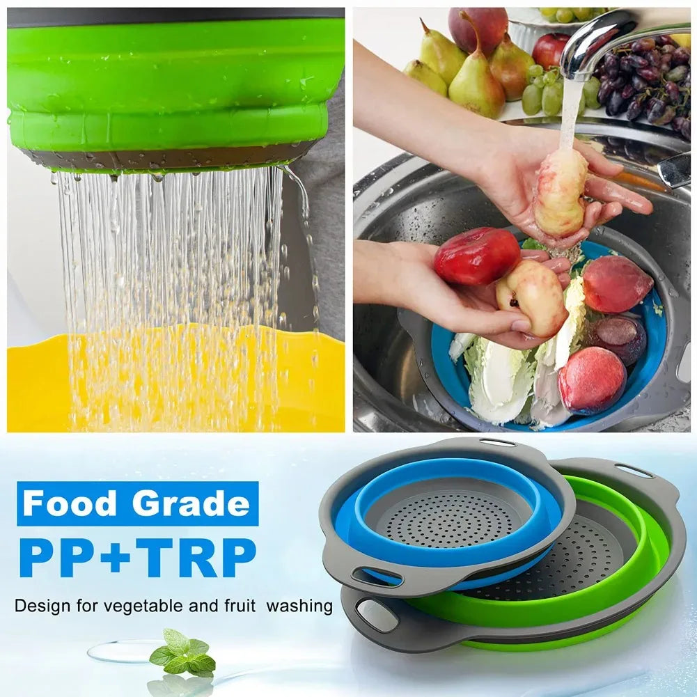 Collapsible Silicone Drain Basket – Foldable Fruit & Vegetable Washing Colander in Small, Large or 2-Piece Set – Best for Rinsing, Draining & Space Saving – Available in Blue, Green, Orange & Red Colours