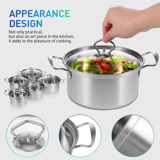 5 Piece Stainless Steel Stock Pot Set with Glass Lids – Induction Soup & Cooking Pots – Ideal for Gas, Electric, Ceramic & Halogen Hobs
