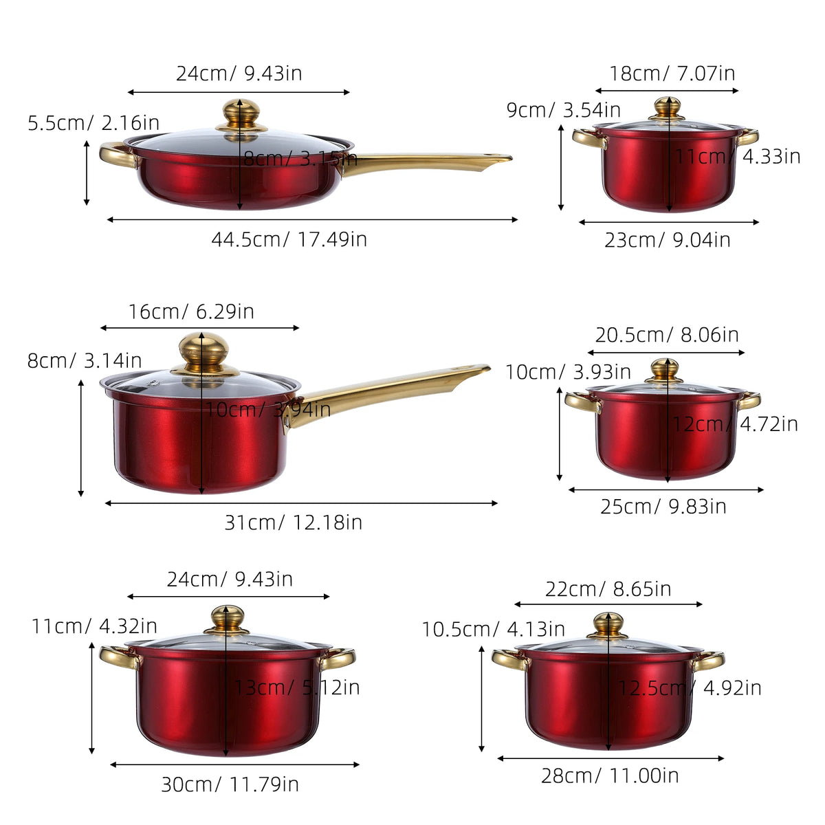 Red Non-Stick Stainless Steel Pots & Pans Set with Glass Lids – 6 Piece Thickened Cookware Set – Great for Induction, Gas, Electric & Ceramic Hobs