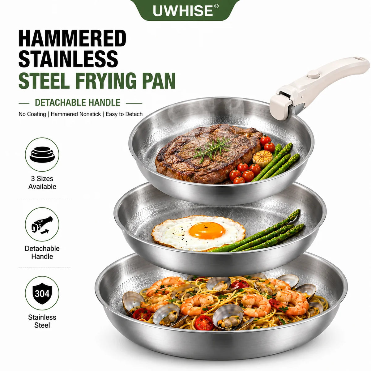 Hammered Stainless Steel Frying Pan with Detachable Handle – 3-Ply Uncoated Space-Saving Skillet – Best for Searing, Sautéing & Oven to Table – Available in 26cm, 28cm & 30cm