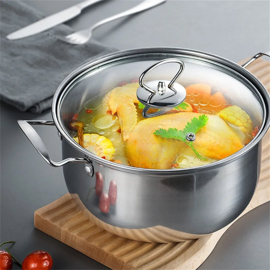 5 Piece Stainless Steel Pot Set with Sealed Glass Lids – Satin-Finish Induction Pots with Inner Scale – Perfect for Soups, Pasta & Vegetables